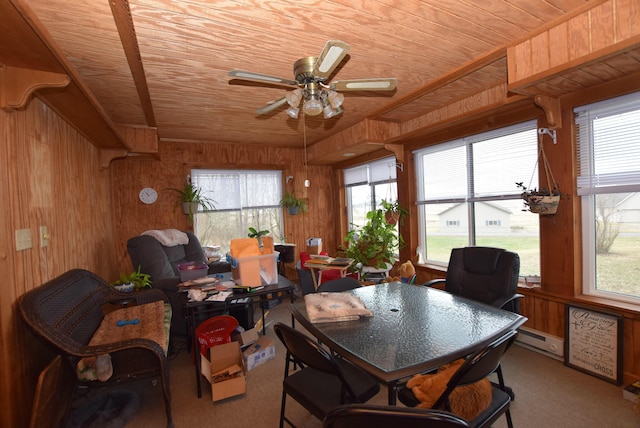 dining room with wood ceiling, wooden walls, ceiling fan, and baseboard heating