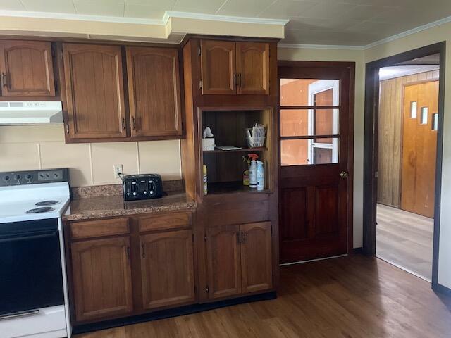 9770 Agerter Rd, Spencerville, OH 45887 - kitchen featuring white electric range oven, under cabinet range hood, wood finished floors, dark countertops, and crown molding