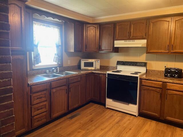 9770 Agerter Rd, Spencerville, OH 45887 - kitchen featuring white appliances, under cabinet range hood, crown molding, and light wood-type flooring