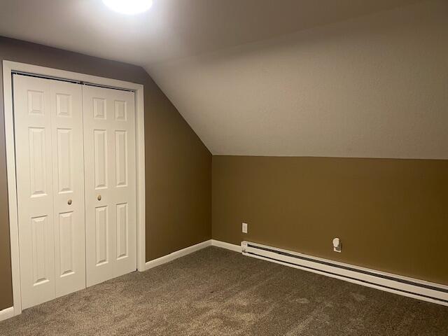 9770 Agerter Rd, Spencerville, OH 45887 - additional living space with a baseboard radiator, dark colored carpet, and lofted ceiling