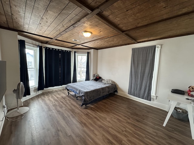 bedroom featuring dark wood-style floors, wood ceiling, multiple windows, and baseboards