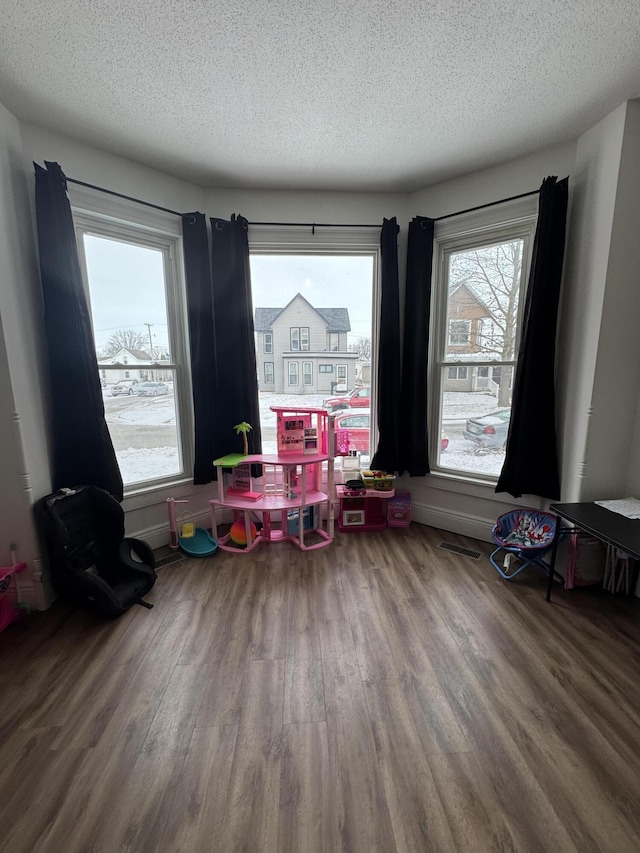 playroom with visible vents, a textured ceiling, and wood finished floors