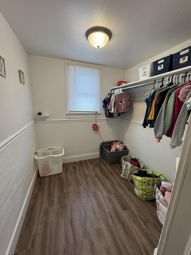 walk in closet with dark wood-type flooring