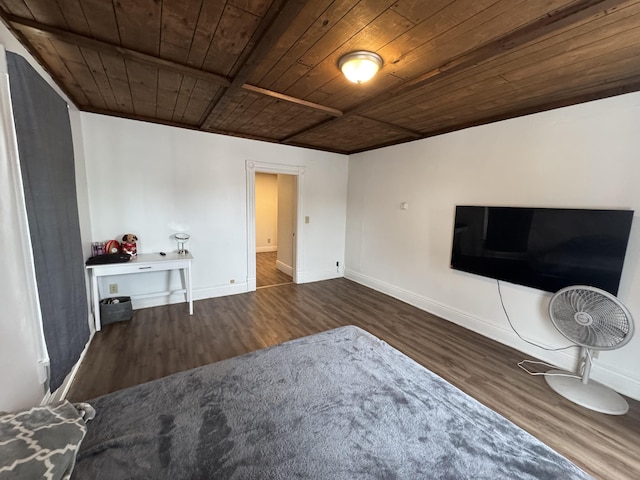 interior space with dark wood-style floors, wooden ceiling, and baseboards