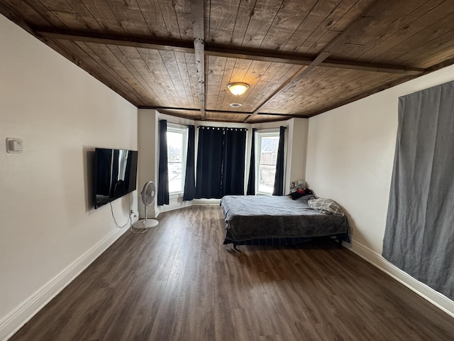 unfurnished bedroom with dark wood-style floors, wood ceiling, and baseboards