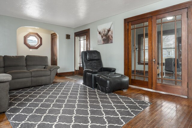 living room featuring wood-type flooring, plenty of natural light, and arched walkways