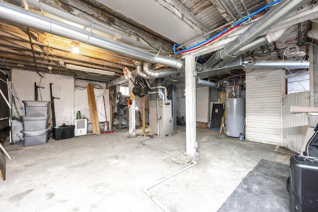 unfinished below grade area featuring heating unit, electric panel, and gas water heater