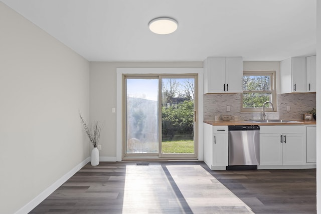 kitchen with a sink, decorative backsplash, dishwasher, and white cabinetry