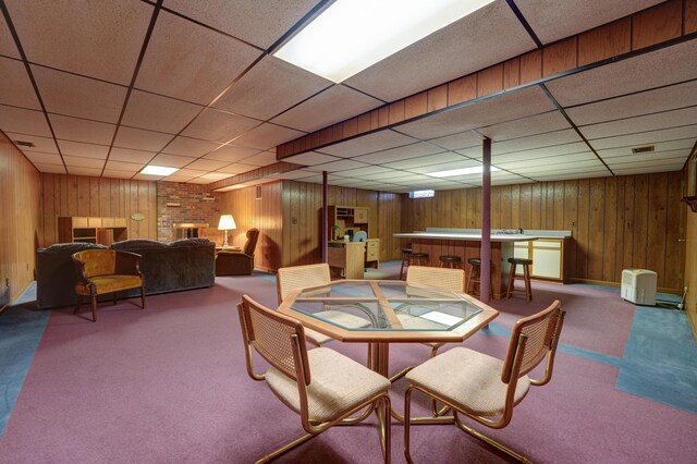 9743 State Route 118, Ansonia, OH 45303 - carpeted dining space featuring a drop ceiling, wooden walls, and billiards