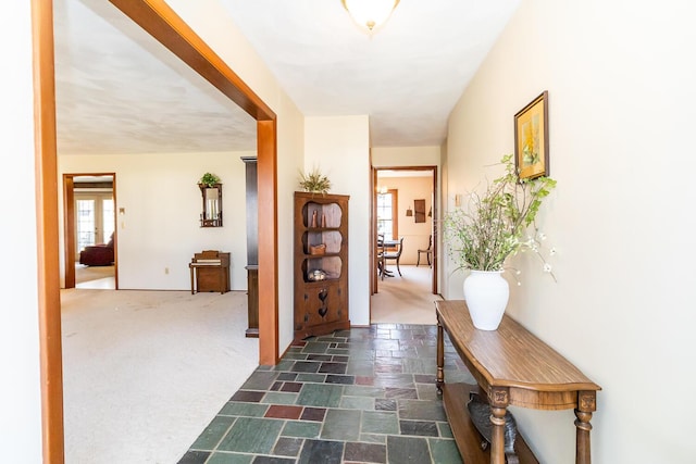 hall featuring stone tile floors and carpet flooring