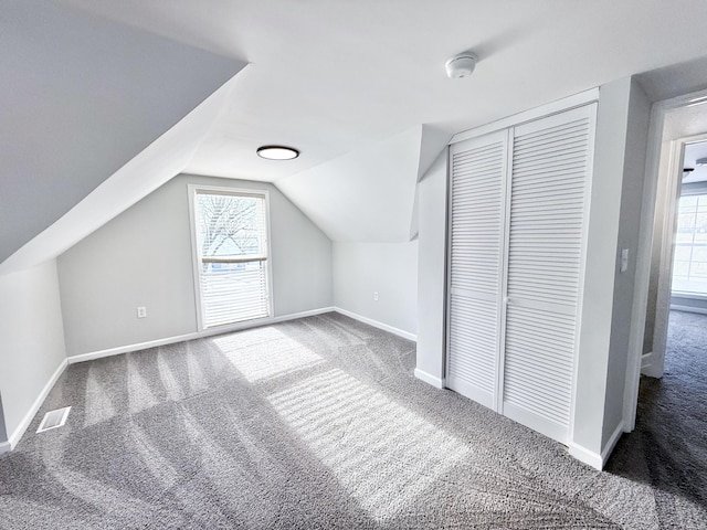 additional living space featuring lofted ceiling and carpet