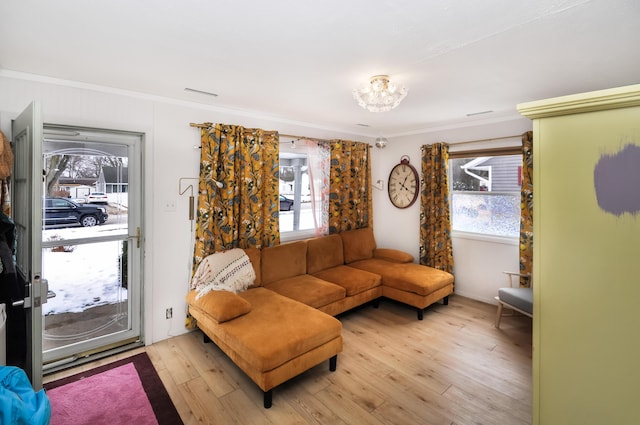 living room with crown molding, a wealth of natural light, and light hardwood / wood-style flooring