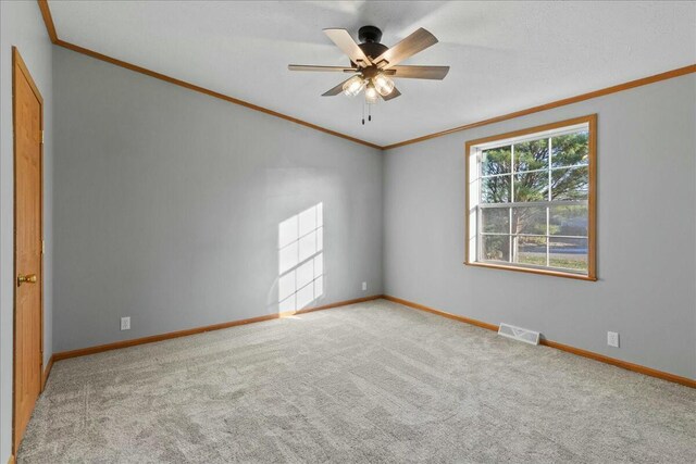 carpeted spare room featuring ceiling fan and ornamental molding