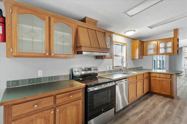 kitchen with sink, custom exhaust hood, stainless steel appliances, kitchen peninsula, and hardwood / wood-style flooring