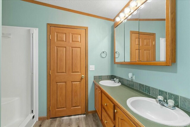 bathroom with hardwood / wood-style floors, vanity, and ornamental molding