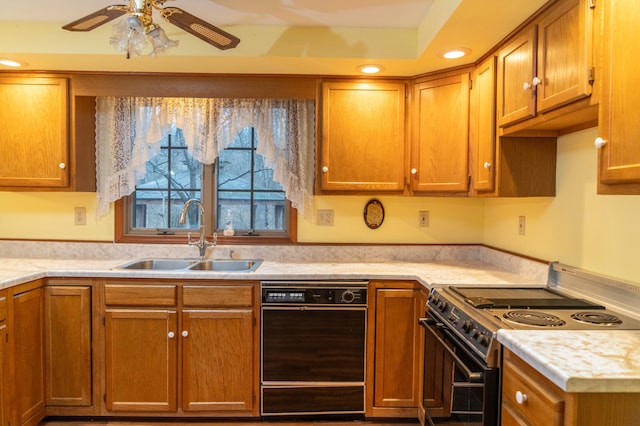 kitchen featuring black dishwasher, electric range, brown cabinetry, light countertops, and a sink