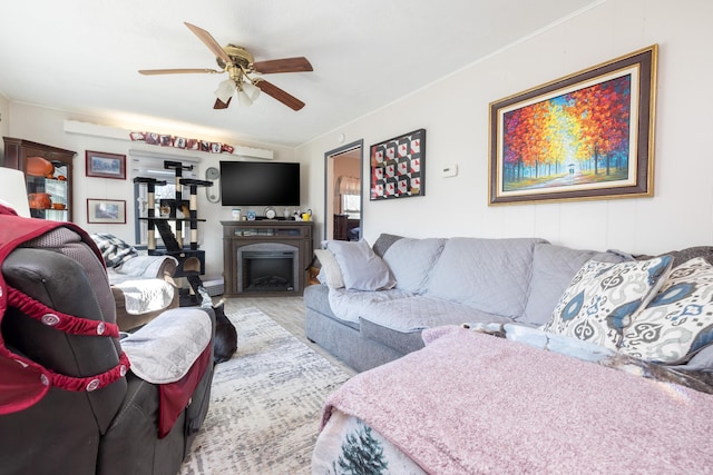 living area with wood finished floors, ceiling fan, and a fireplace