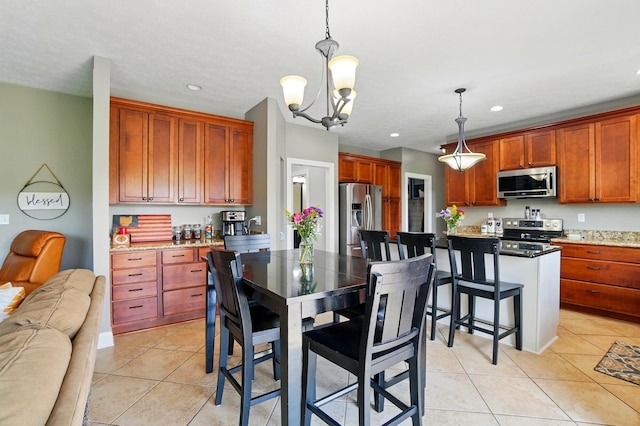 4114 Brookston Dr, Springfield, OH 45502 - dining space featuring light tile patterned flooring, a chandelier, and recessed lighting