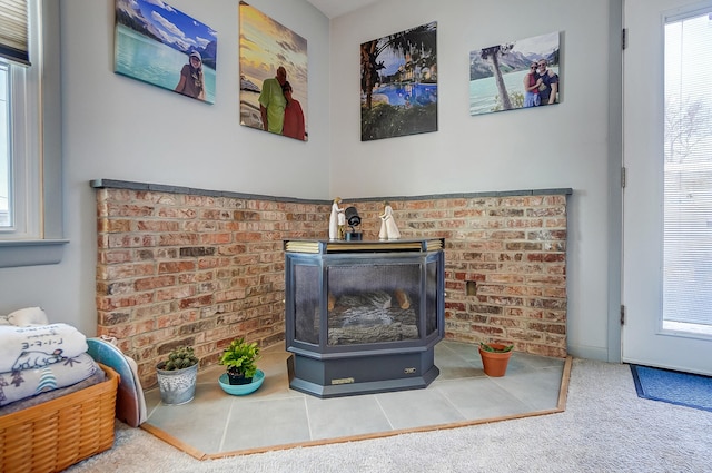 interior details with a wood stove and carpet flooring