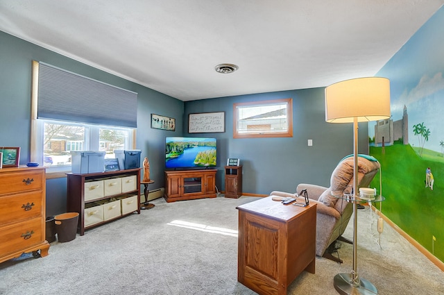 office space featuring visible vents, light carpet, and baseboards