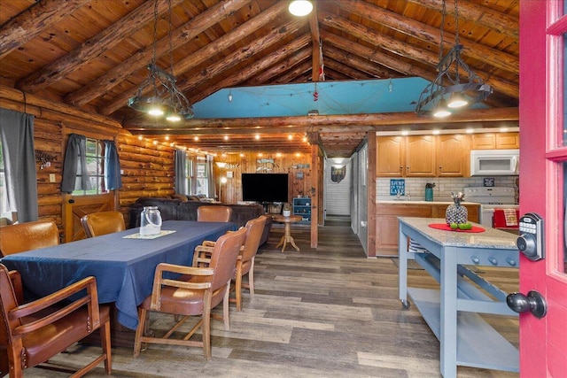 11350 Powhatan Path, Lakeview, OH 43331 - dining space featuring log walls, a wood ceiling with exposed beams, wood finished floors, and high vaulted ceiling