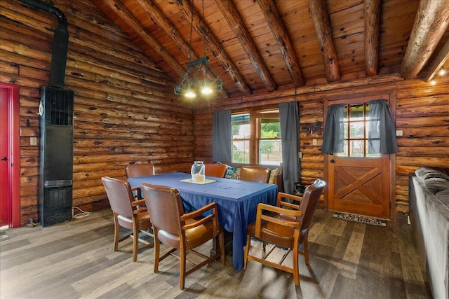 11350 Powhatan Path, Lakeview, OH 43331 - dining area with wooden ceiling, wood finished floors, a heating unit, a wood stove, and log walls