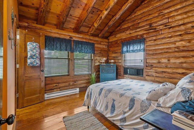 11350 Powhatan Path, Lakeview, OH 43331 - bedroom featuring baseboard heating, wood ceiling, hardwood / wood-style floors, and log walls