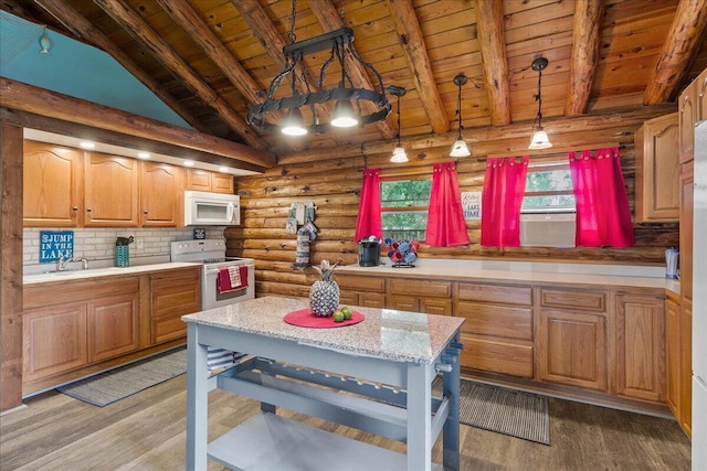 11350 Powhatan Path, Lakeview, OH 43331 - kitchen with white appliances, wood ceiling, rustic walls, light wood finished floors, and hanging light fixtures