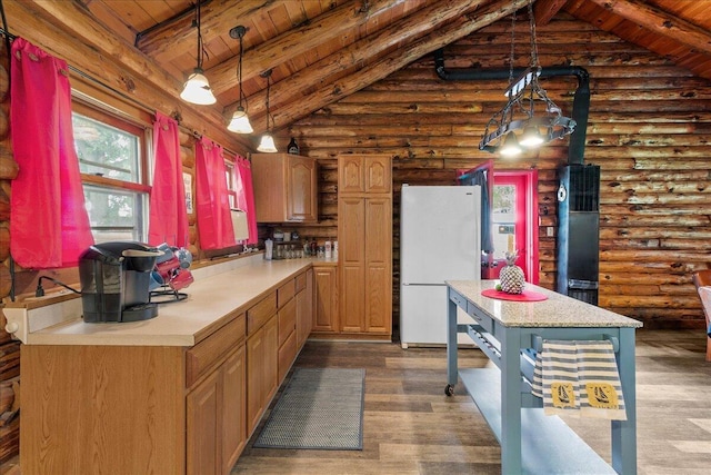 11350 Powhatan Path, Lakeview, OH 43331 - kitchen with freestanding refrigerator, wooden ceiling, light countertops, rustic walls, and wood finished floors
