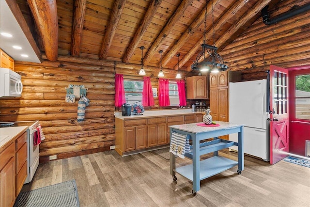 11350 Powhatan Path, Lakeview, OH 43331 - kitchen with white appliances, wood ceiling, light wood-style floors, light countertops, and rustic walls