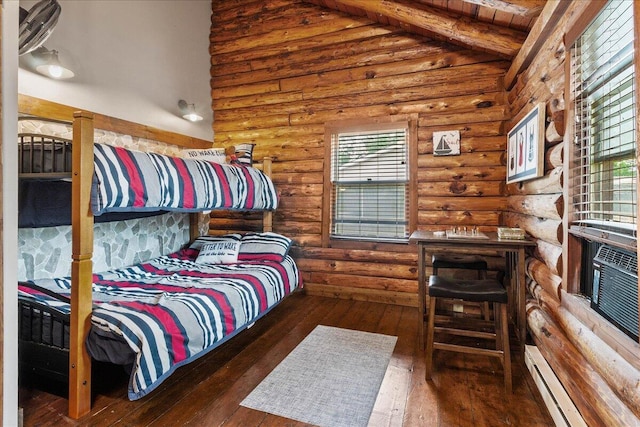 11350 Powhatan Path, Lakeview, OH 43331 - bedroom featuring rustic walls, hardwood / wood-style flooring, multiple windows, and a baseboard radiator