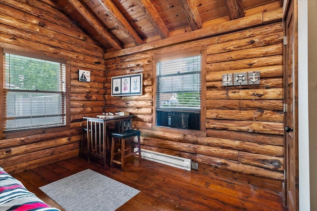 11350 Powhatan Path, Lakeview, OH 43331 - bedroom featuring wooden ceiling, a baseboard heating unit, multiple windows, dark wood-style floors, and rustic walls