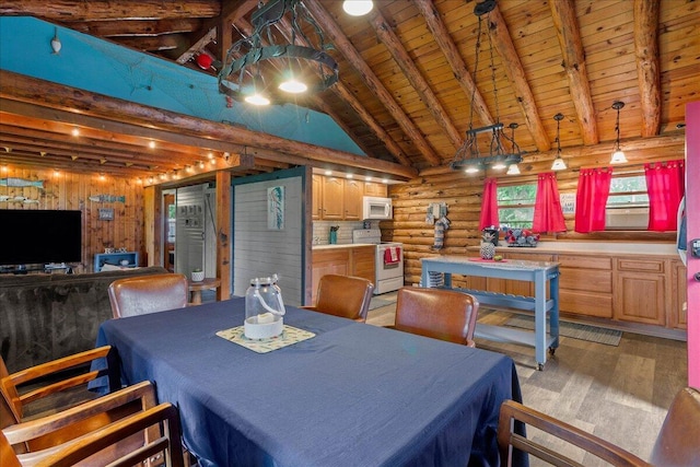 11350 Powhatan Path, Lakeview, OH 43331 - dining room with a wood ceiling with exposed beams, log walls, high vaulted ceiling, and light wood-type flooring
