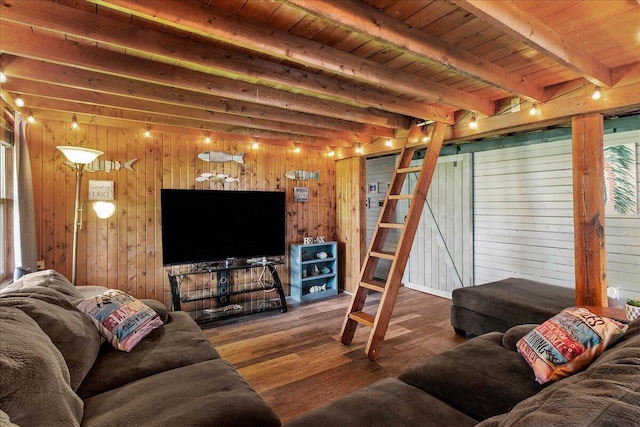 11350 Powhatan Path, Lakeview, OH 43331 - living area with wooden walls, wood finished floors, and a wood ceiling with exposed beams
