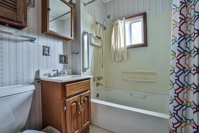 1024 Ansel Dr, Dayton, OH 45419 - full bathroom featuring wallpapered walls, shower / bathtub combination with curtain, vanity, and tile patterned flooring