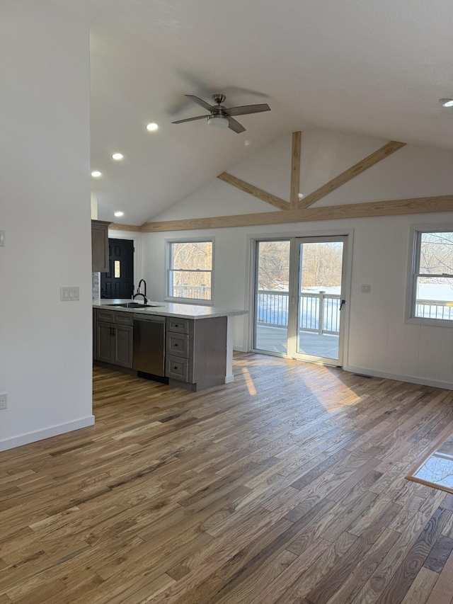 kitchen with lofted ceiling, sink, stainless steel dishwasher, dark wood-type flooring, and a healthy amount of sunlight