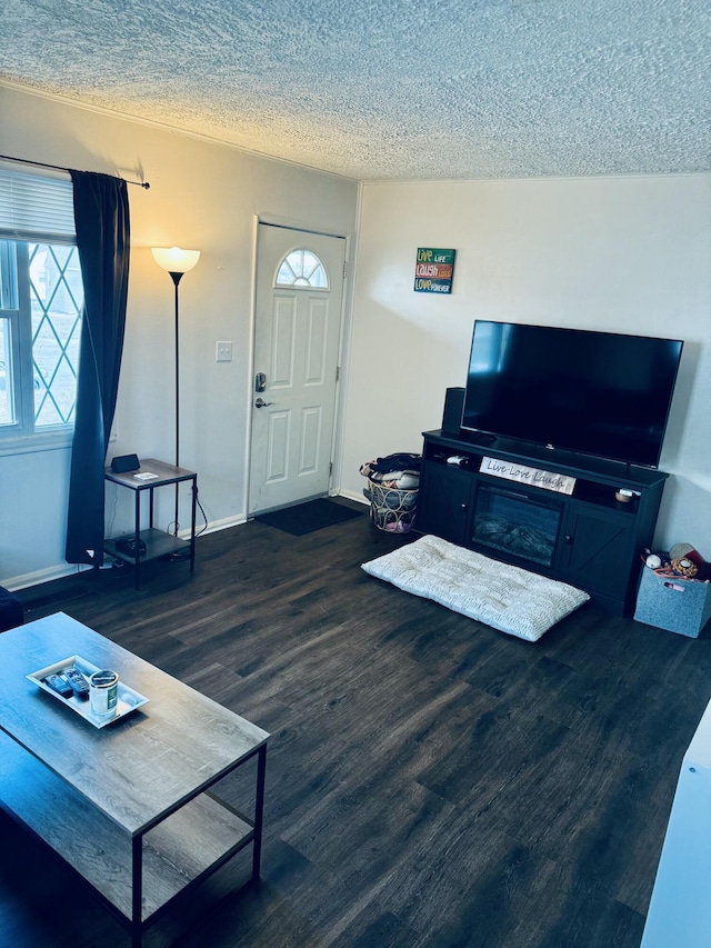 living room featuring dark wood finished floors, a textured ceiling, and baseboards