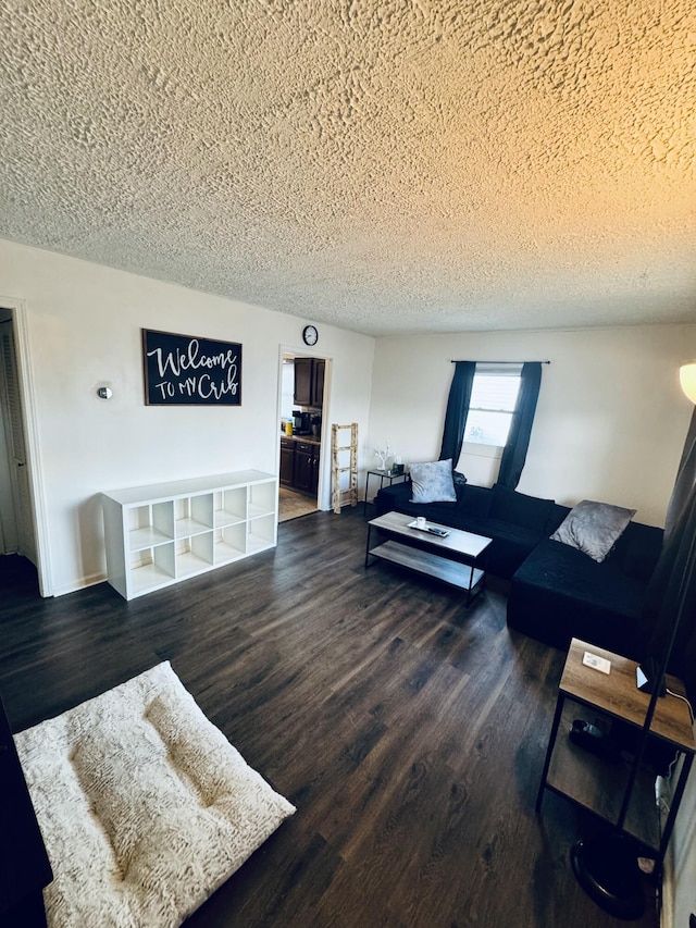 living room with a textured ceiling and wood finished floors