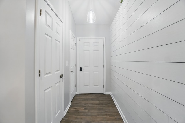 hallway featuring wooden walls, baseboards, and dark wood-style flooring