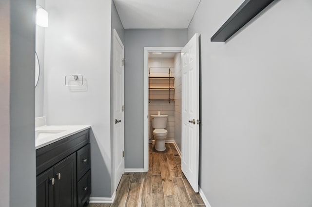 bathroom with baseboards, toilet, wood finished floors, vanity, and a closet