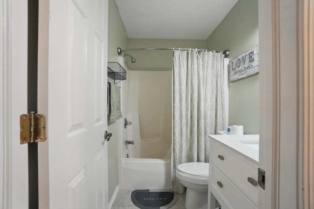 bathroom featuring toilet, tile patterned floors, shower / bathtub combination with curtain, and vanity