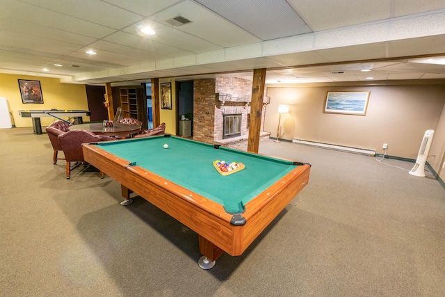 17689 Fort Loramie Swanders Rd, Sidney, OH 45365 - game room featuring baseboard heating, billiards, carpet flooring, a paneled ceiling, and a fireplace