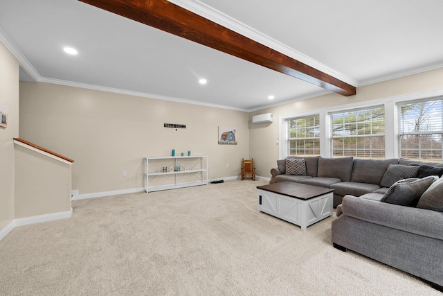 living room with a wealth of natural light, baseboards, light colored carpet, and an AC wall unit