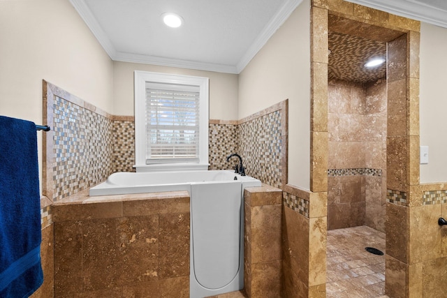 full bathroom with a garden tub, crown molding, and a walk in shower