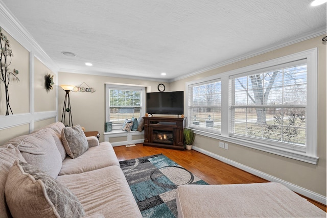 living area featuring ornamental molding, a textured ceiling, wood finished floors, a lit fireplace, and baseboards