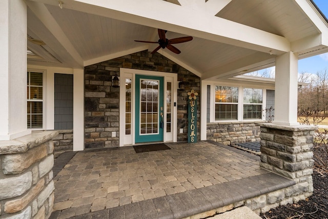 view of patio featuring a porch and ceiling fan