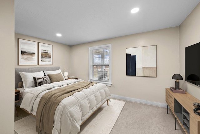 bedroom featuring carpet flooring, recessed lighting, and baseboards