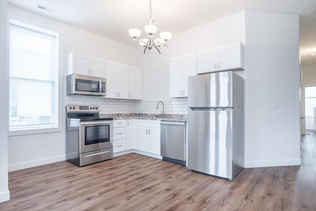 kitchen featuring backsplash, appliances with stainless steel finishes, hanging light fixtures, and white cabinets