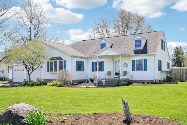 cape cod home featuring central AC, a front lawn, fence, a garage, and roof with shingles