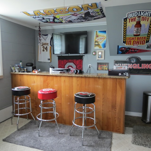 1084 Colonial Dr, Sidney, OH 45365 - indoor bar featuring concrete block wall, ornamental molding, and tile patterned floors
